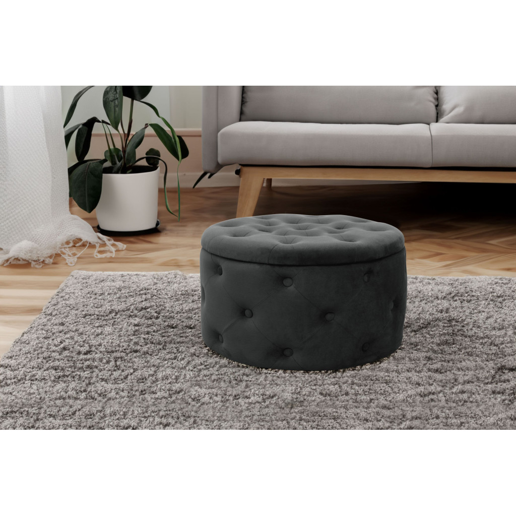 Pouf de Rangement avec Couvercle matelassé AKORD ALIA velour colour Noir hauteur 30 cm - 5

