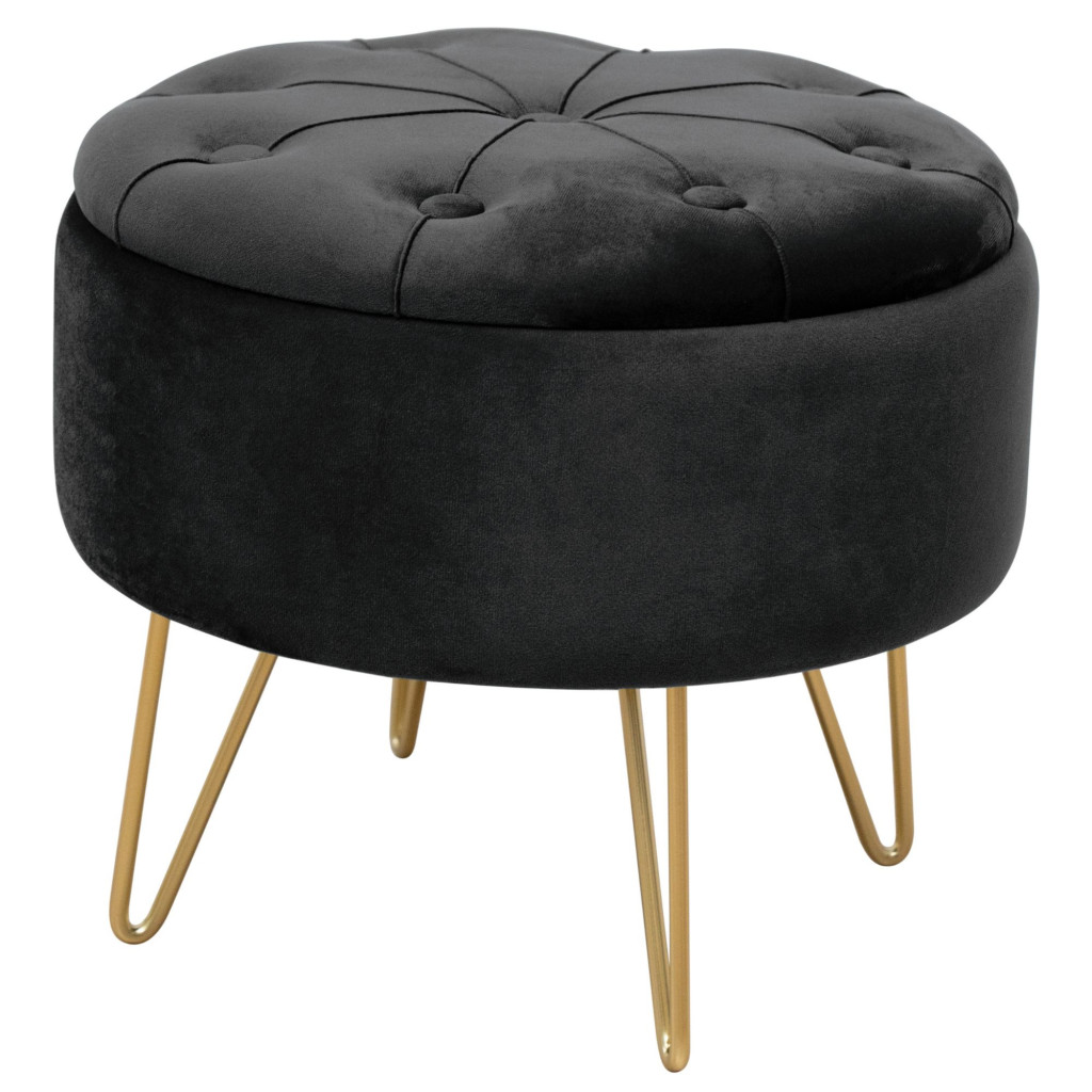 Pouf de Rangement avec Couvercle matelassé AKORD CARO velour colour Noir hauteur 33 cm - 1 Pouf de Rangement avec Couvercle matelassé AKORD CARO velour colour Noir hauteur 33 cm - 1