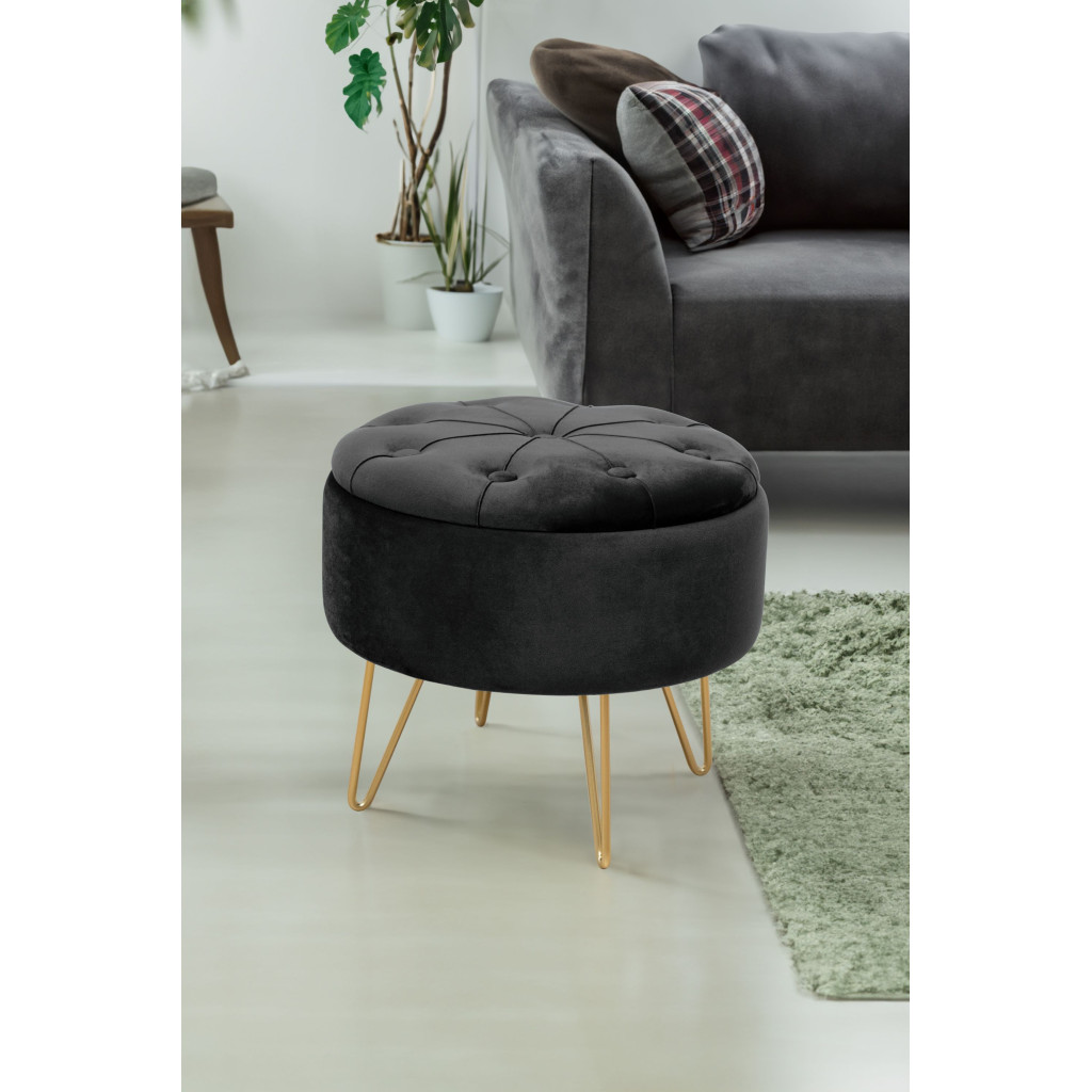 Pouf de Rangement avec Couvercle matelassé AKORD CARO velour colour Noir hauteur 33 cm - 5
